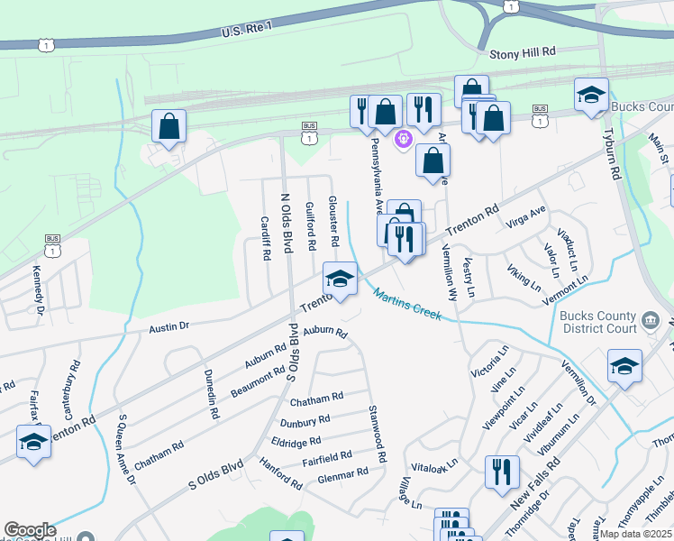 map of restaurants, bars, coffee shops, grocery stores, and more near 838 Austin Drive in Fairless Hills