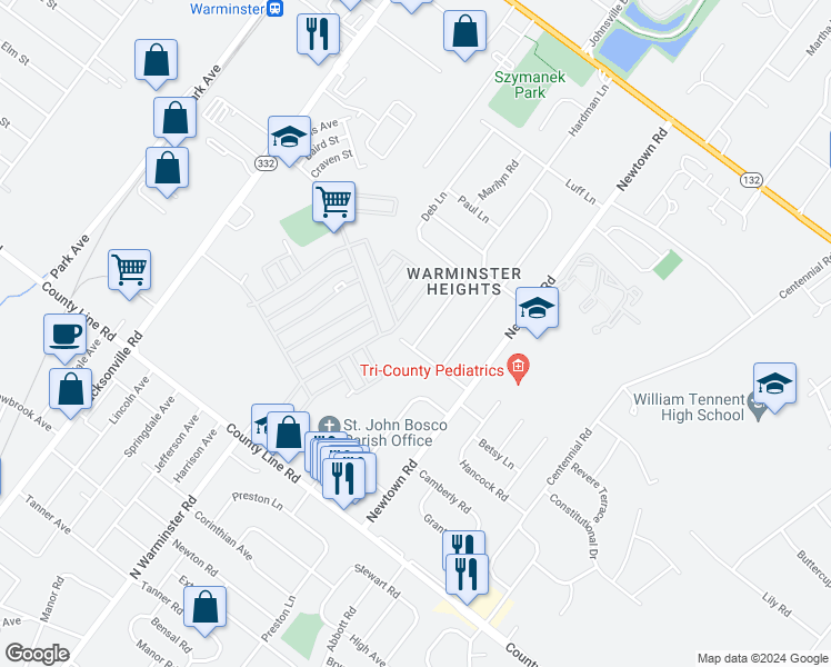 map of restaurants, bars, coffee shops, grocery stores, and more near 202 Barbara Lane in Warminster