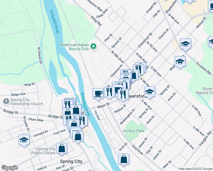 map of restaurants, bars, coffee shops, grocery stores, and more near 131 North 3rd Avenue in Royersford