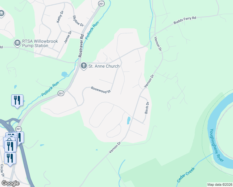 map of restaurants, bars, coffee shops, grocery stores, and more near 456 Cherry Blossom Drive in Belle Vernon