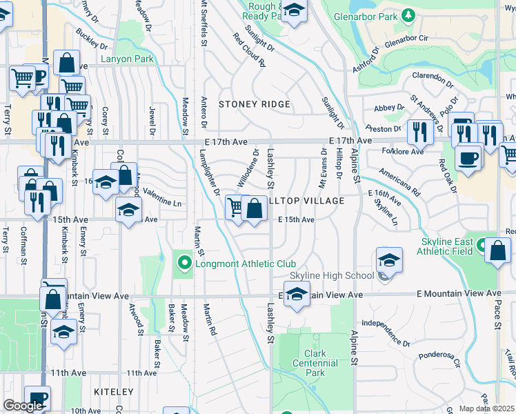 map of restaurants, bars, coffee shops, grocery stores, and more near 1501 Lashley Street in Longmont