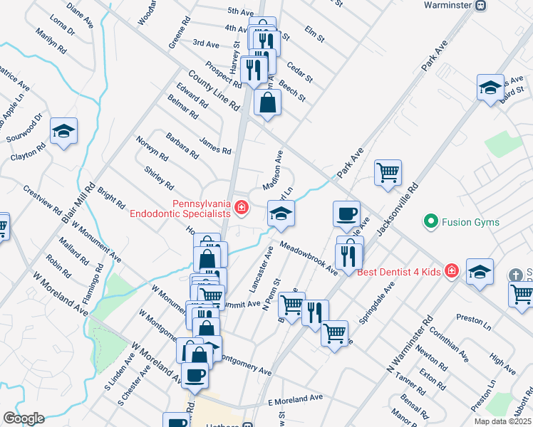 map of restaurants, bars, coffee shops, grocery stores, and more near 3 Woodland Avenue in Hatboro