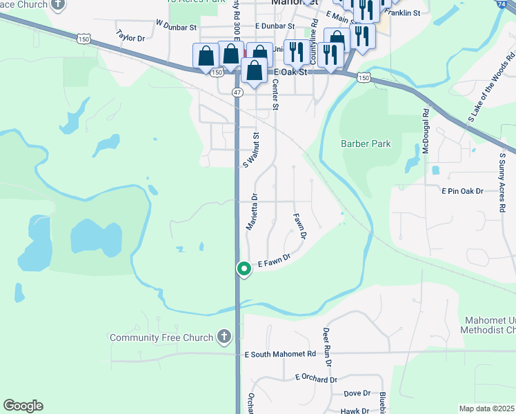 map of restaurants, bars, coffee shops, grocery stores, and more near 1103 South Marietta Drive in Mahomet