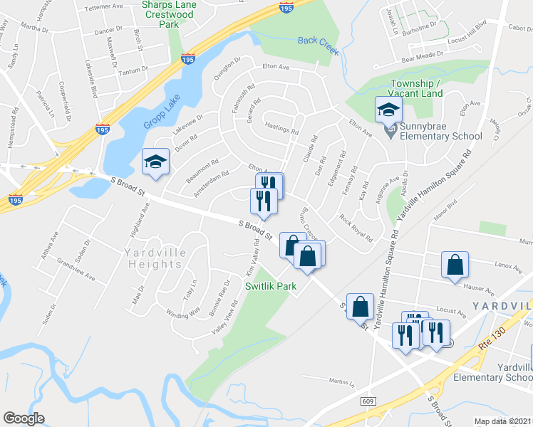 map of restaurants, bars, coffee shops, grocery stores, and more near 11 Sunnybrae Blvd in Trenton