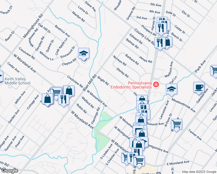 map of restaurants, bars, coffee shops, grocery stores, and more near 43 Bright Road in Hatboro
