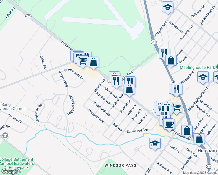 map of restaurants, bars, coffee shops, grocery stores, and more near 504 Myrtle Avenue in Horsham