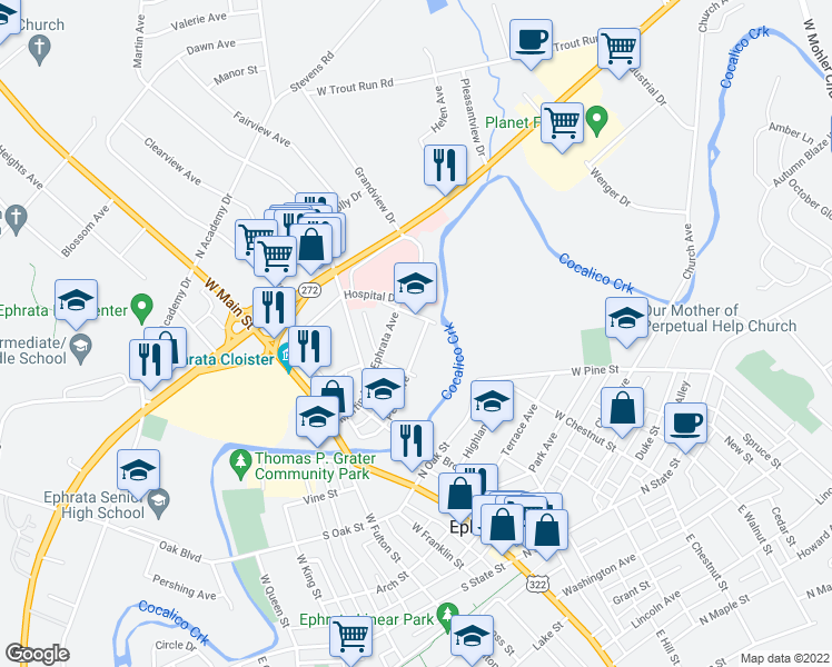 map of restaurants, bars, coffee shops, grocery stores, and more near 222 Penn Avenue in Ephrata