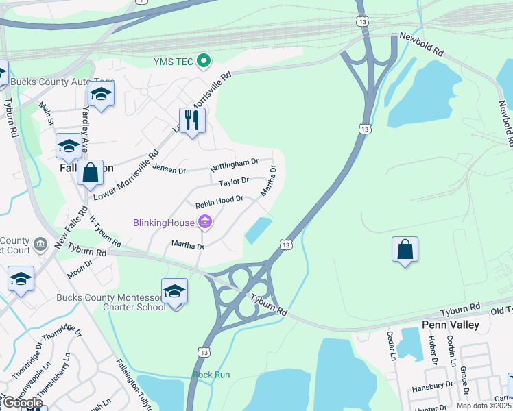 map of restaurants, bars, coffee shops, grocery stores, and more near 96 Martha Drive in Levittown