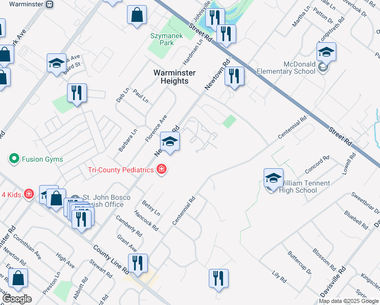 map of restaurants, bars, coffee shops, grocery stores, and more near 333 Newtown Road in Warminster