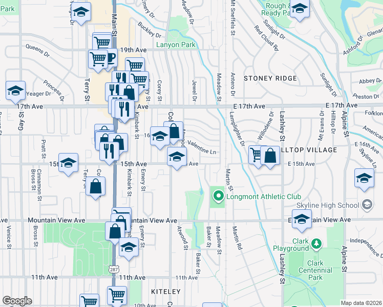map of restaurants, bars, coffee shops, grocery stores, and more near 1517 Wells Way in Longmont