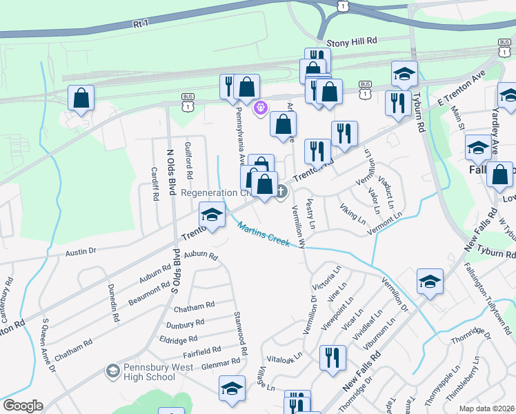 map of restaurants, bars, coffee shops, grocery stores, and more near 904 Trenton Road in Fairless Hills