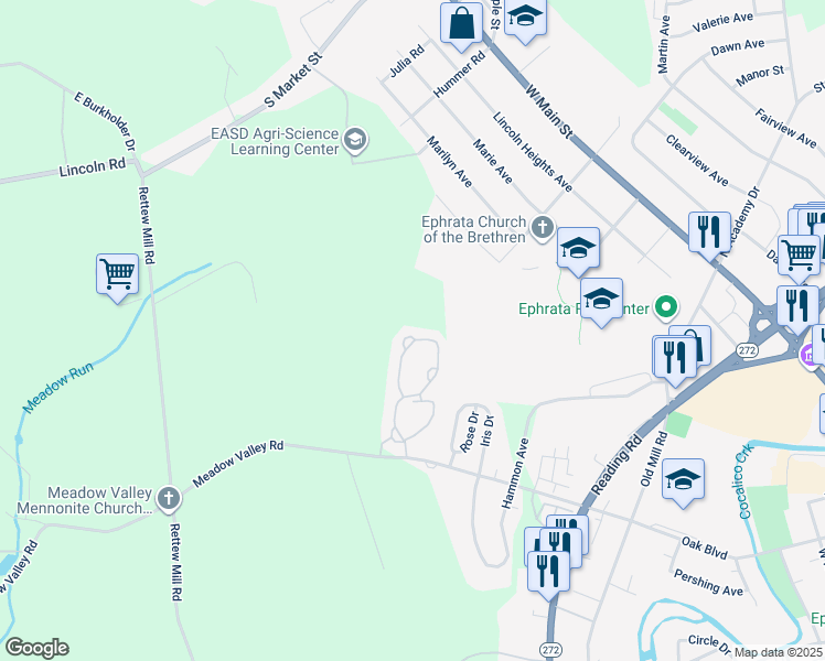 map of restaurants, bars, coffee shops, grocery stores, and more near 216 Fieldcrest Lane in Ephrata