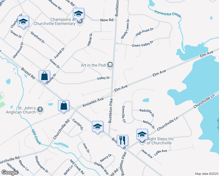 map of restaurants, bars, coffee shops, grocery stores, and more near 17 Cornell Ave in Churchville