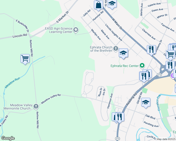 map of restaurants, bars, coffee shops, grocery stores, and more near 216 Fieldcrest Lane in Ephrata