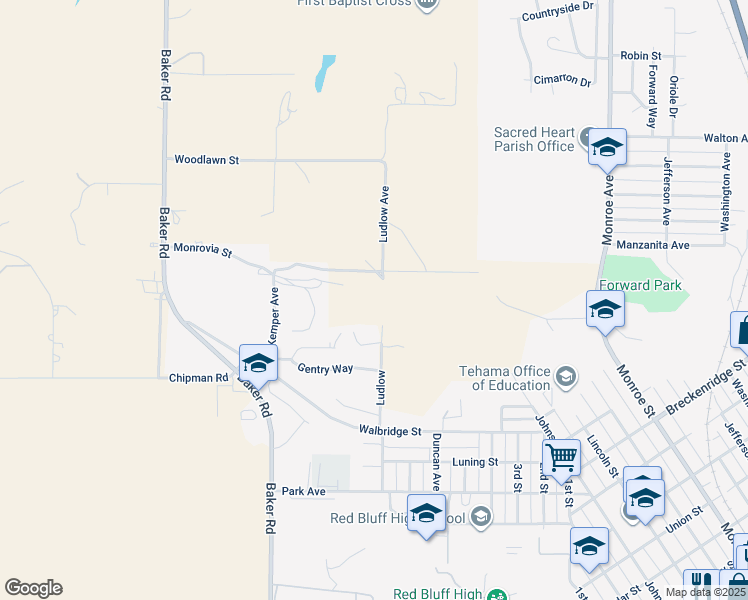 map of restaurants, bars, coffee shops, grocery stores, and more near Ludlow Avenue in Red Bluff