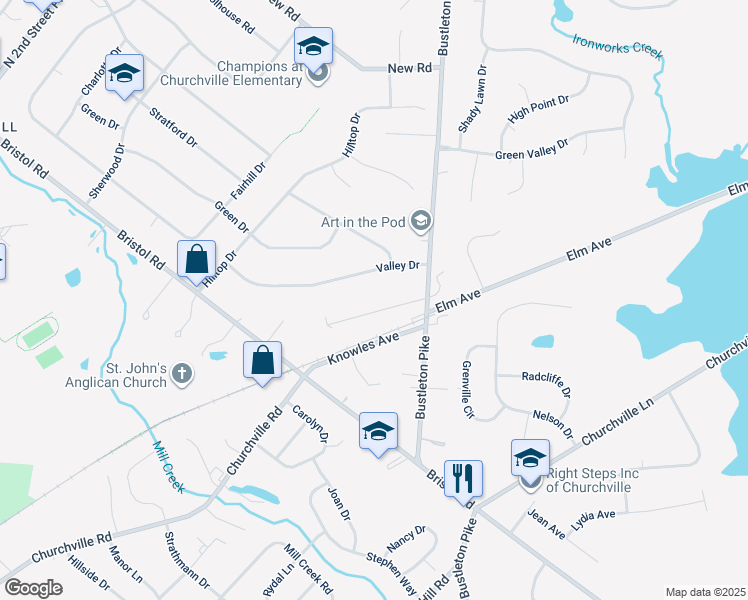 map of restaurants, bars, coffee shops, grocery stores, and more near 49 Cornell Avenue in Churchville