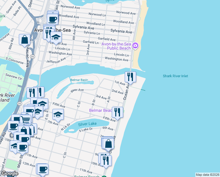 map of restaurants, bars, coffee shops, grocery stores, and more near 12 A Street in Belmar
