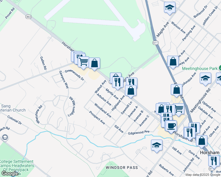 map of restaurants, bars, coffee shops, grocery stores, and more near 504 Myrtle Avenue in Horsham