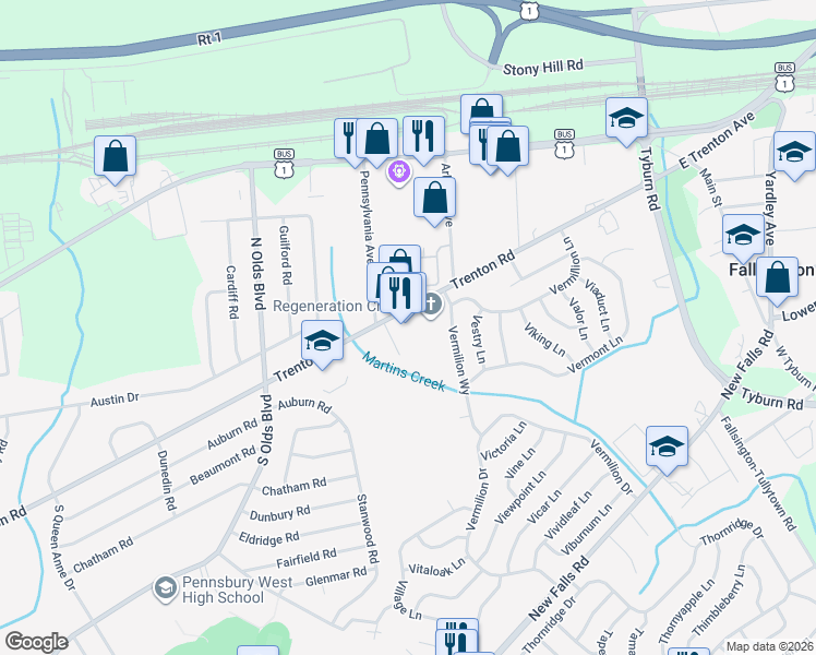 map of restaurants, bars, coffee shops, grocery stores, and more near 904 Trenton Road in Fairless Hills