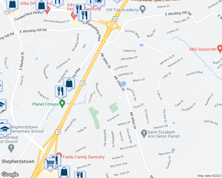 map of restaurants, bars, coffee shops, grocery stores, and more near 100 Mount Allen Drive in Mechanicsburg