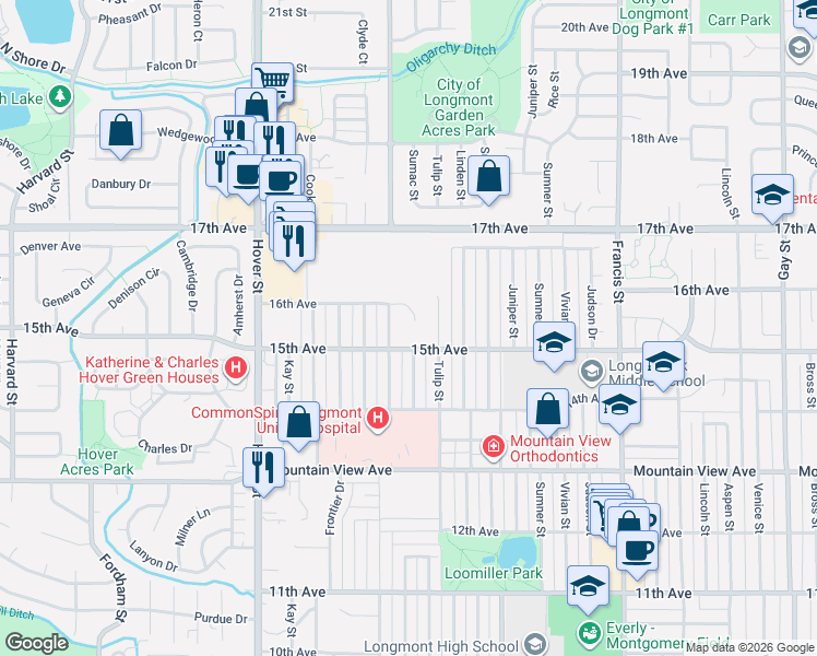 map of restaurants, bars, coffee shops, grocery stores, and more near 1910 15th Avenue in Longmont