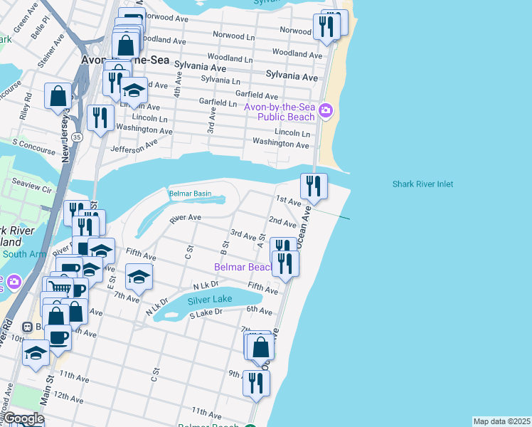 map of restaurants, bars, coffee shops, grocery stores, and more near 12 A Street in Belmar