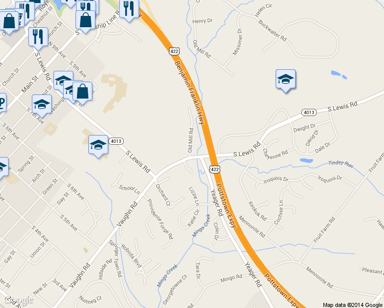 map of restaurants, bars, coffee shops, grocery stores, and more near 704 South Lewis Road in Royersford