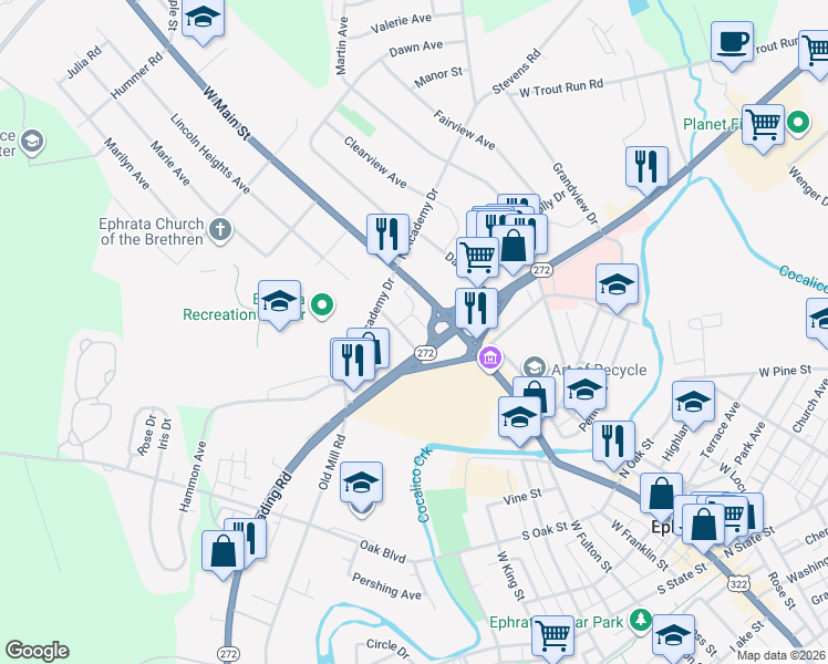 map of restaurants, bars, coffee shops, grocery stores, and more near 804 Academy Heights Avenue in Ephrata