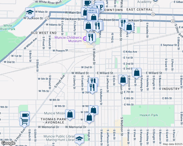 map of restaurants, bars, coffee shops, grocery stores, and more near 1117 South High Street in Muncie