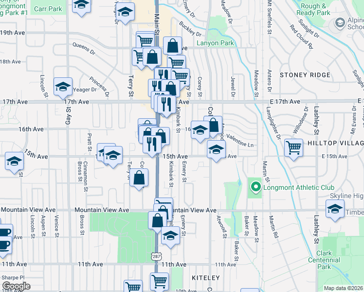 map of restaurants, bars, coffee shops, grocery stores, and more near 1503 Kimbark Street in Longmont