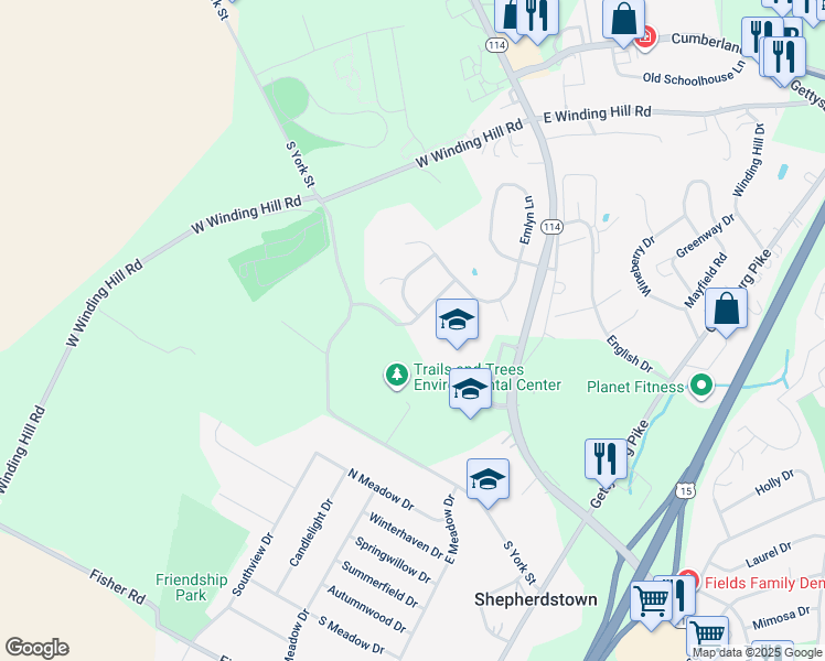 map of restaurants, bars, coffee shops, grocery stores, and more near 112 Lavynndon Lane in Mechanicsburg