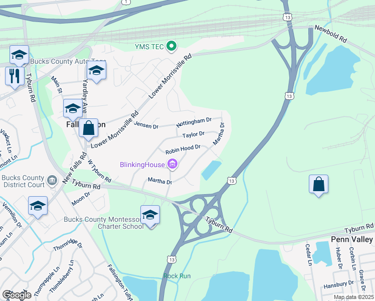 map of restaurants, bars, coffee shops, grocery stores, and more near 19 Robin Hood Drive in Fallsington