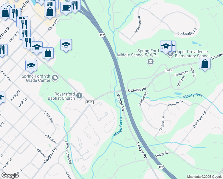 map of restaurants, bars, coffee shops, grocery stores, and more near 104 Old Mill Road in Royersford