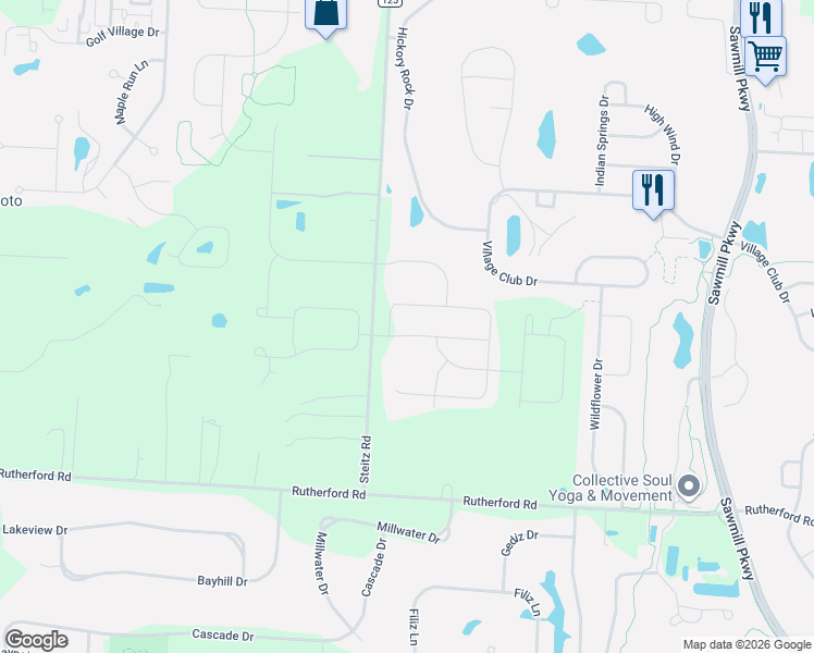 map of restaurants, bars, coffee shops, grocery stores, and more near 8213 Steitz Road in Powell