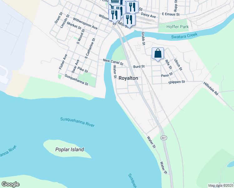 map of restaurants, bars, coffee shops, grocery stores, and more near 409 Water Street in Middletown