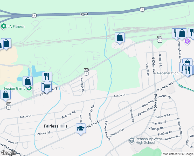 map of restaurants, bars, coffee shops, grocery stores, and more near 312 Wilson Drive in Fairless Hills
