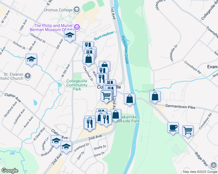 map of restaurants, bars, coffee shops, grocery stores, and more near in Collegeville