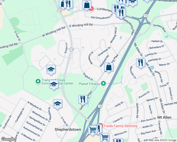 map of restaurants, bars, coffee shops, grocery stores, and more near 107 Wyncote Court in Mechanicsburg