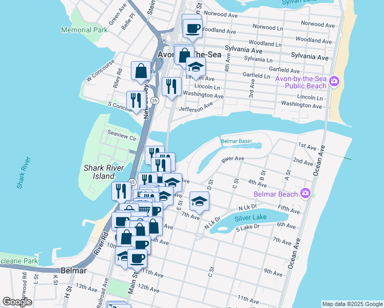 map of restaurants, bars, coffee shops, grocery stores, and more near 82 Inlet Terrace in Belmar