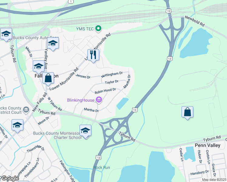 map of restaurants, bars, coffee shops, grocery stores, and more near 19 Robin Hood Drive in Fallsington
