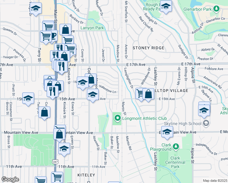 map of restaurants, bars, coffee shops, grocery stores, and more near 20 15th Avenue in Longmont
