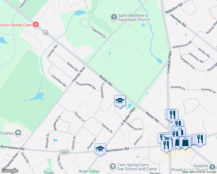 map of restaurants, bars, coffee shops, grocery stores, and more near 1828 Webster Lane in Ambler