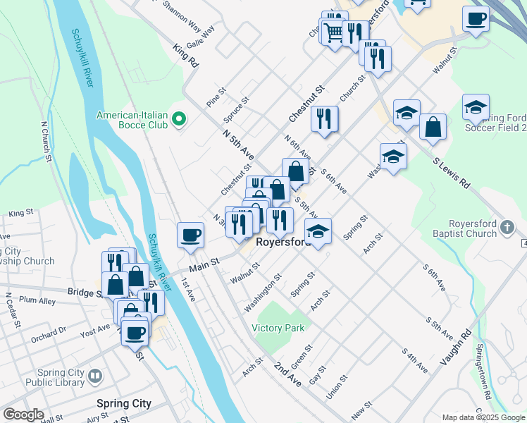 map of restaurants, bars, coffee shops, grocery stores, and more near in Royersford