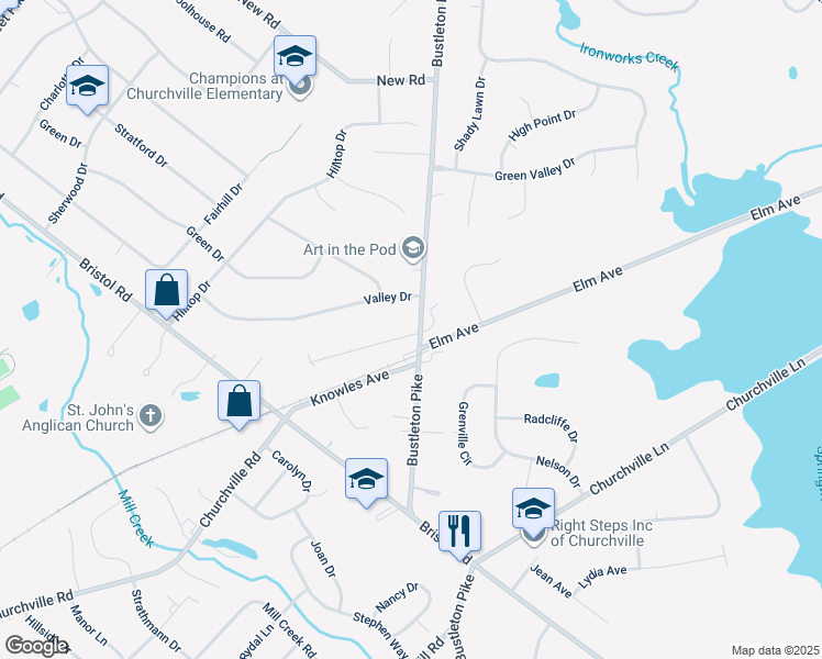 map of restaurants, bars, coffee shops, grocery stores, and more near 17 Cornell Ave in Churchville
