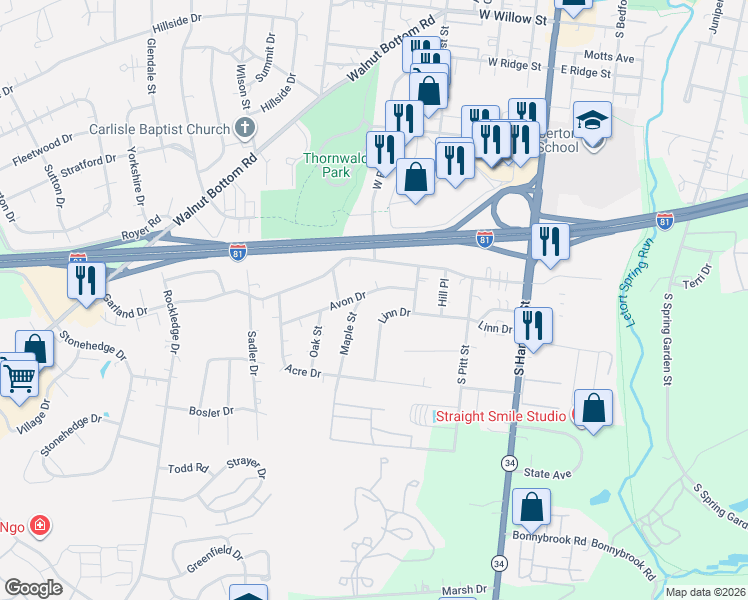 map of restaurants, bars, coffee shops, grocery stores, and more near 1120 Linn Drive in Carlisle