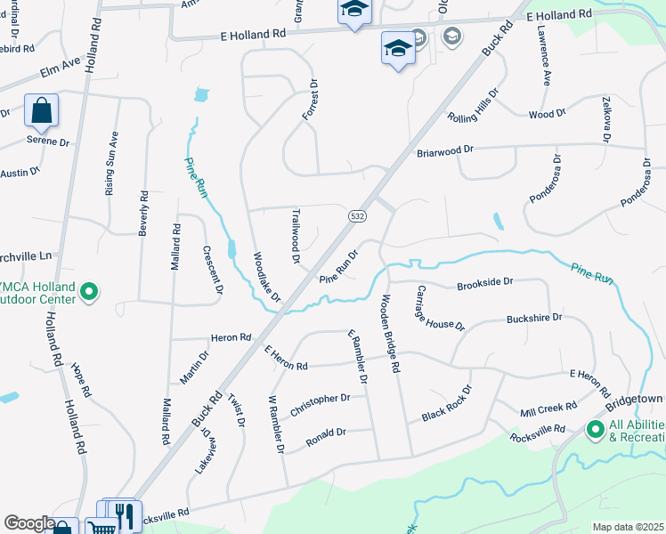 map of restaurants, bars, coffee shops, grocery stores, and more near 30 Pine Run Drive in Holland