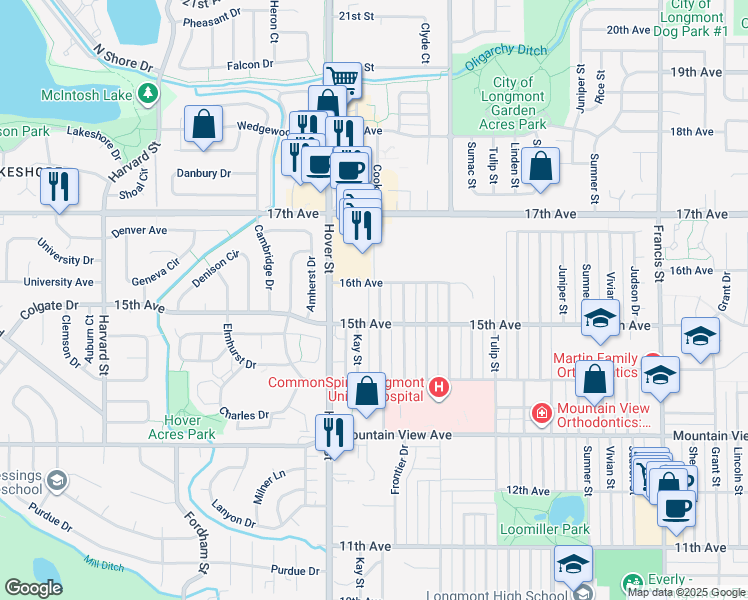 map of restaurants, bars, coffee shops, grocery stores, and more near 1535 Stuart Street in Longmont