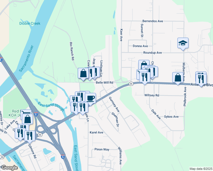 map of restaurants, bars, coffee shops, grocery stores, and more near 355 Belle Mill Road in Red Bluff