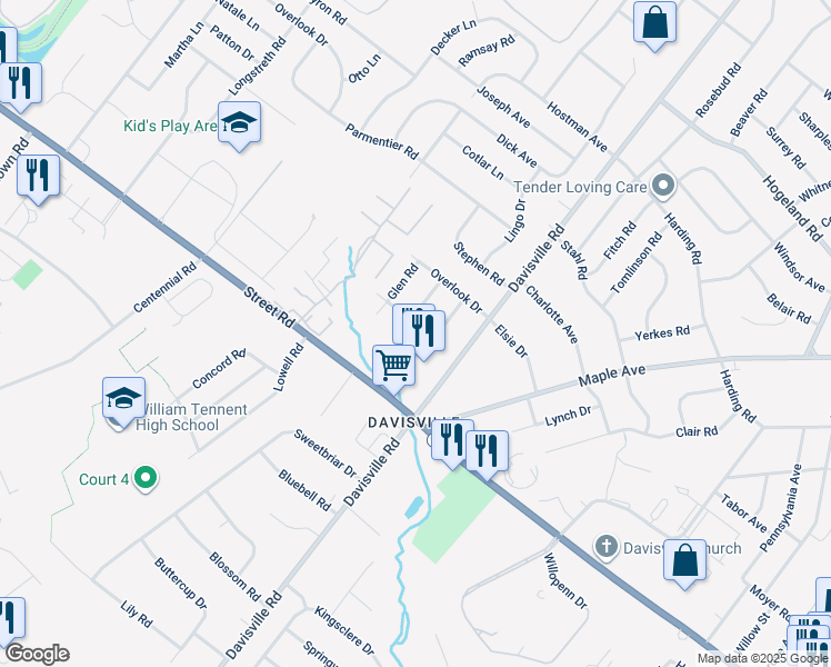 map of restaurants, bars, coffee shops, grocery stores, and more near 766 Meadow Drive in Warminster