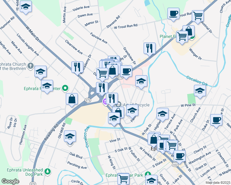 map of restaurants, bars, coffee shops, grocery stores, and more near 56 Lancaster Avenue in Ephrata